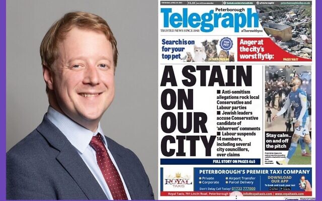 MP Paul Paul Bristow alongside a front page of the Peterborough Telegraph, branding the scandal of antisemitism a 'stain' on the city.