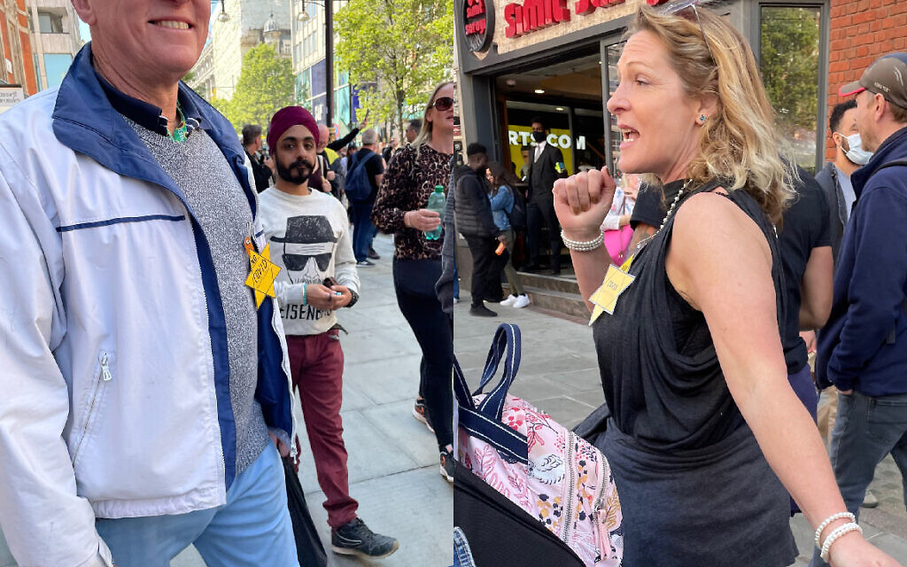 Two demonstrators wearing yellow star of David badges with the words 'no Covid' on it, which has been condemned by Shoah educators and communal leaders (Credit: Chloe Addelstone on Twitter)