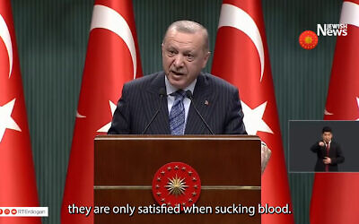 Erdoğan appeared to say Israeli prime ministers enjoy “sucking blood', but he may have been referring to Jews