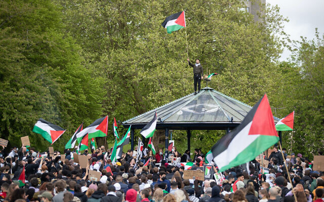 A protester waves the flag of Palestine whilst standing on the bandstand in Castle Park, Bristol.