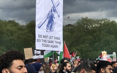 Banner at a recent pro-Palestine rally accusing Jews of being Christ-killers, an age-old antisemitic blood libel (pic Lee Harpin)