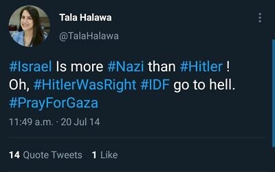 Tala Halawa's tweet (Credit: Honest Reporting)
