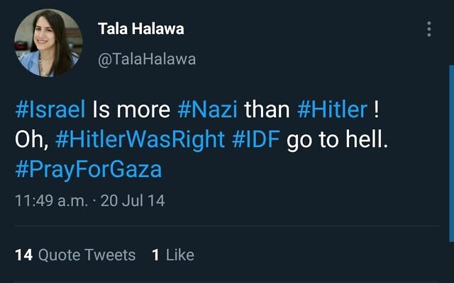 Tala Halawa's tweet (Credit: Honest Reporting)