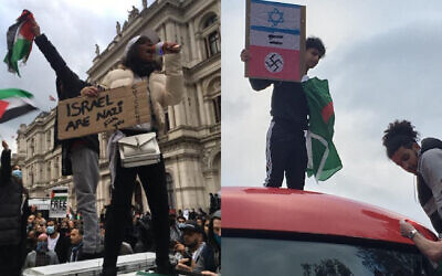 Demonstrators hold up banners at Tuesday's London demonstration, comparing Israel to Nazism