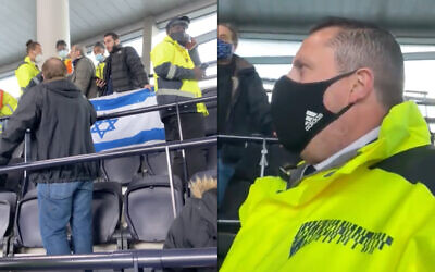 Screenshot from videos recorded in the stands. On the left, supporters refuse to take down an Israel flag. On the right, a steward tells fans they have to take it down or be asked to leave.