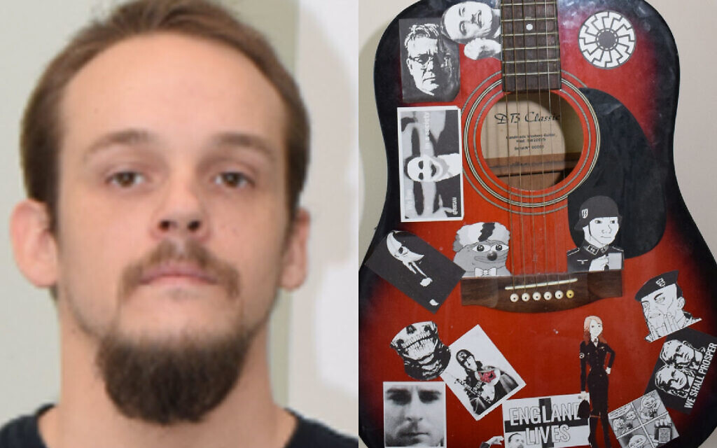 Undated Counter Terrorism Policing South East (CTPSE) handout photo of Dean Morrice, and the far-right stickers on Dean Morrice's guitar.