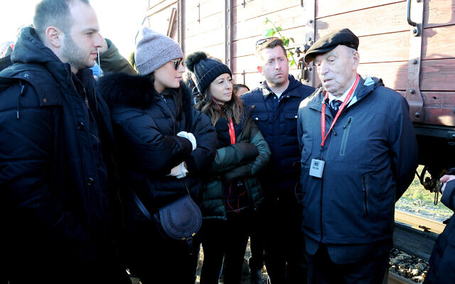 Leslie speaking to young people at Auschwitz during an educational visit
