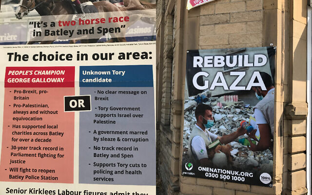 George Galloway's campaign material, and a pro-Palestine poster up in Batley and Spen (Picture credit: Lee Harpin)