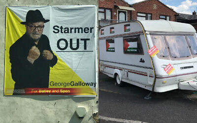 George Galloway's inflammatory Batley and Spen poster saying Starmer out, and a caravan supporting him, decorated with Palestinian flags (Picture credit: Lee Harpin)