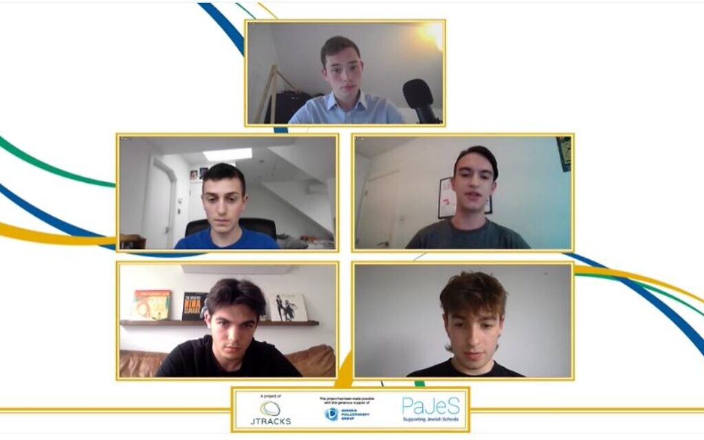 Debate 1 – Yavneh College vs JFS – top Louis Preston (English-Speaking Union), middle left Asher Jayson (JFS), middle right Samuel Cohen (Yavneh), bottom left Luke Shooter (JFS), bottom right Billy Alexander (Yavneh).