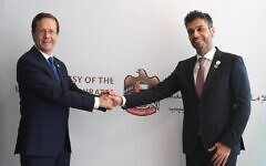 Isaac Herzog welcoming the new UAE Ambassador to Israel. (Twitter and Jewish News)