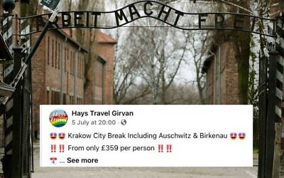 Auschwitz's infamous gate, and Hays Travel's trivial facebook post advertising a visit (Facebook post via the Jewish Telegraph)