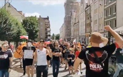 Marchers at a rally in Glogow, Poland, July 18, 2021. (Screenshot from YouTube via JTA)