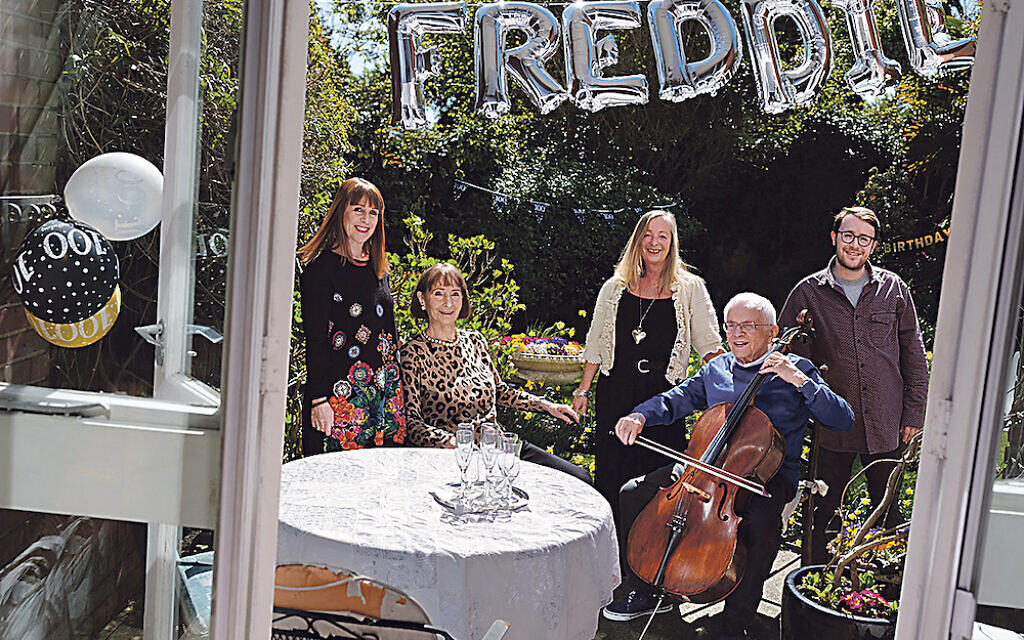 Freddie Knoller BEM photographed on his 100th birthday with his wife Freida, daughters Susie and Marcia, and grandson Nadav. Credit: Frederic Aranda