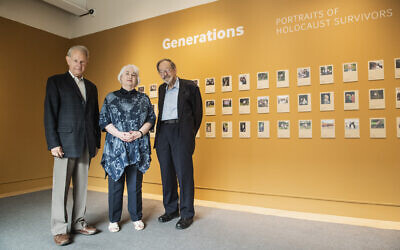 Holocaust survivors John Hajdu MBE, Joan Salter MBE and Martin Stern MBE visit the exhibition at IWM London. © IWM  - Generations: Portraits of Holocaust Survivors.