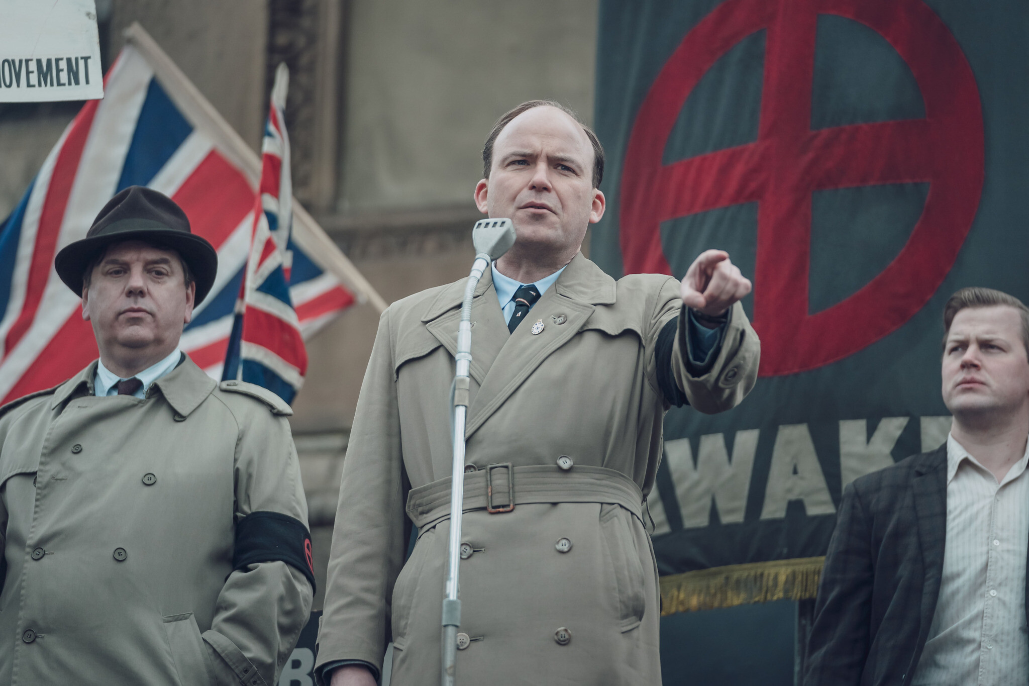 Colin Jordan (Rory Kinnear) addresses the crowds. Credit: Ben Blackall