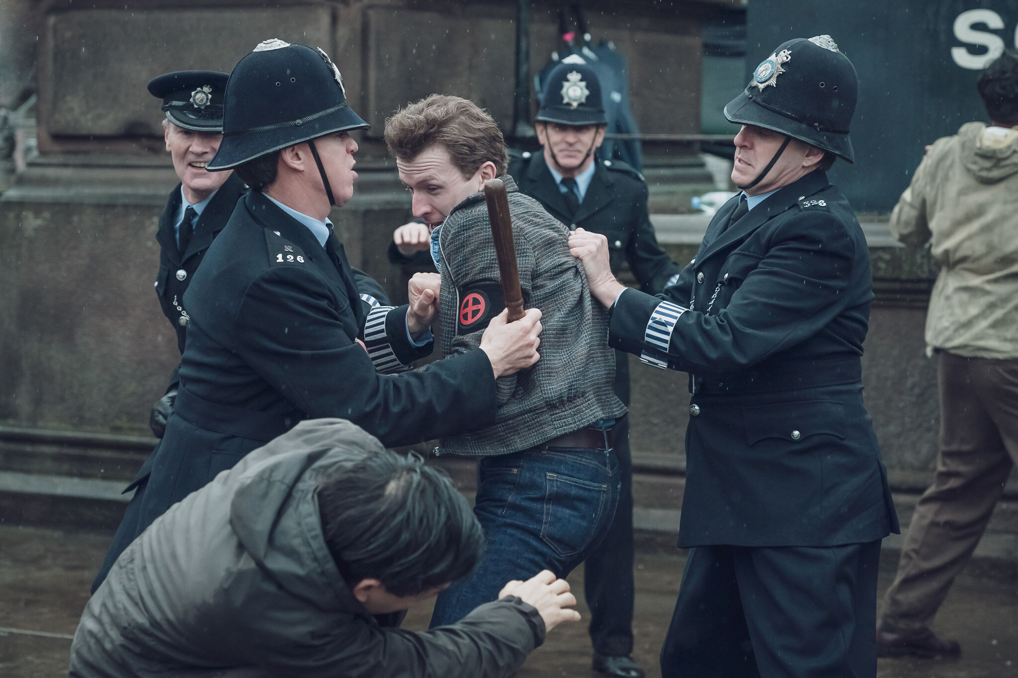 Jack Morris (Tom Varey) is led away by police. Credit: Ben Blackall