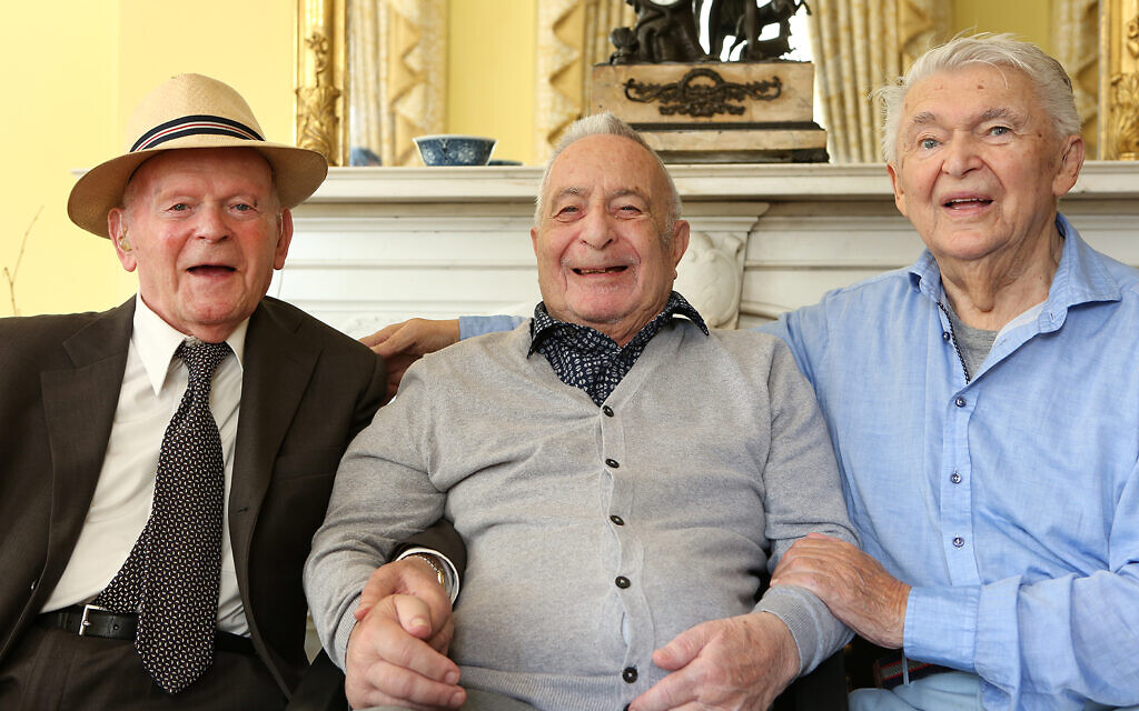 (l to r) Sir Ben Helfgott, Jan Goldberger and Harry Spiro pictured at a lunch inside Holmehurst, the original Loughton hostel, now a privately owned residence owned by Wendy and Richard Higgins, who opened up their home to a group of 80 members of the '45 Aid Society, including the 3 Loughton Boys and their families as well as other Boys and local dignitaries (credit: Melissa Page)