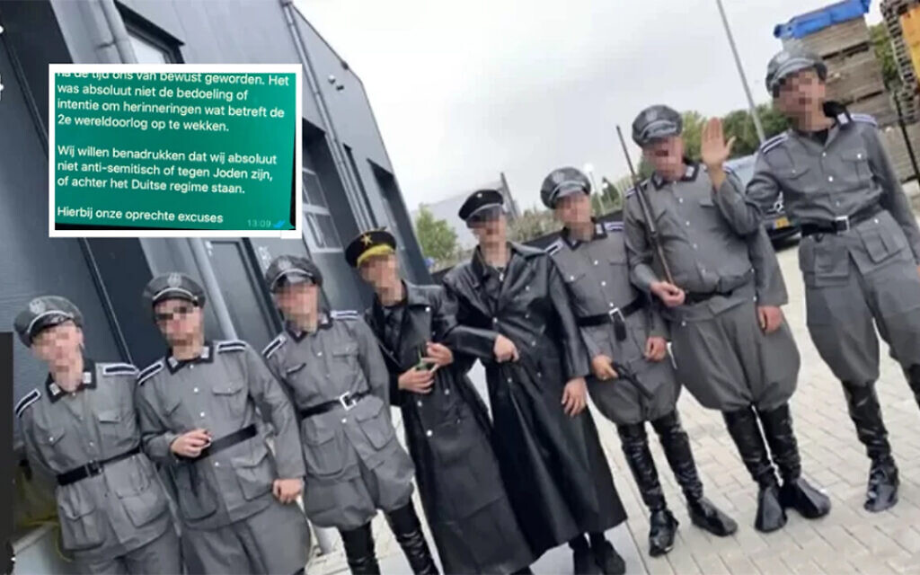 Men wear Nazi uniforms during a COVID-19 protest in the Netherlands city of Urk, Sept. 10, 2021. ("Hart van Nederland") via JTA