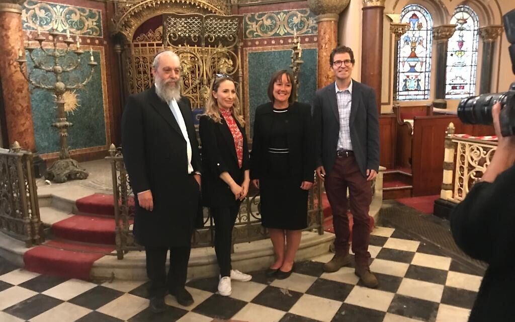 L-R Inside Middle Street Synagogue: Rabbi Rader, Claudia Mendoza of the JLC, Jo Stevens and the centre's CEO Mark Sugarman