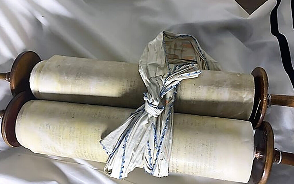 A Torah scroll that the Nazis stole from a Czech congregation on display at The Memorial Scrolls Trust in London. (Courtesy of the European Union for Progressive Judaism)