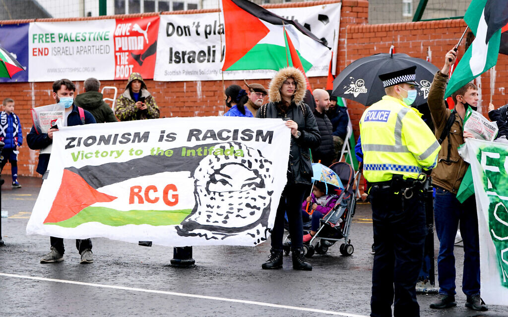A Free Palestine protest takes place outside the stadium ahead of the FIFA World Cup Qualifying match at Hampden Park, Glasgow. Picture date: Saturday October 9, 2021.