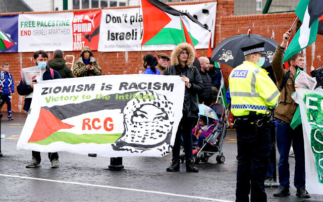 A Free Palestine protest takes place outside the stadium ahead of the FIFA World Cup Qualifying match at Hampden Park, Glasgow. Picture date: Saturday October 9, 2021.