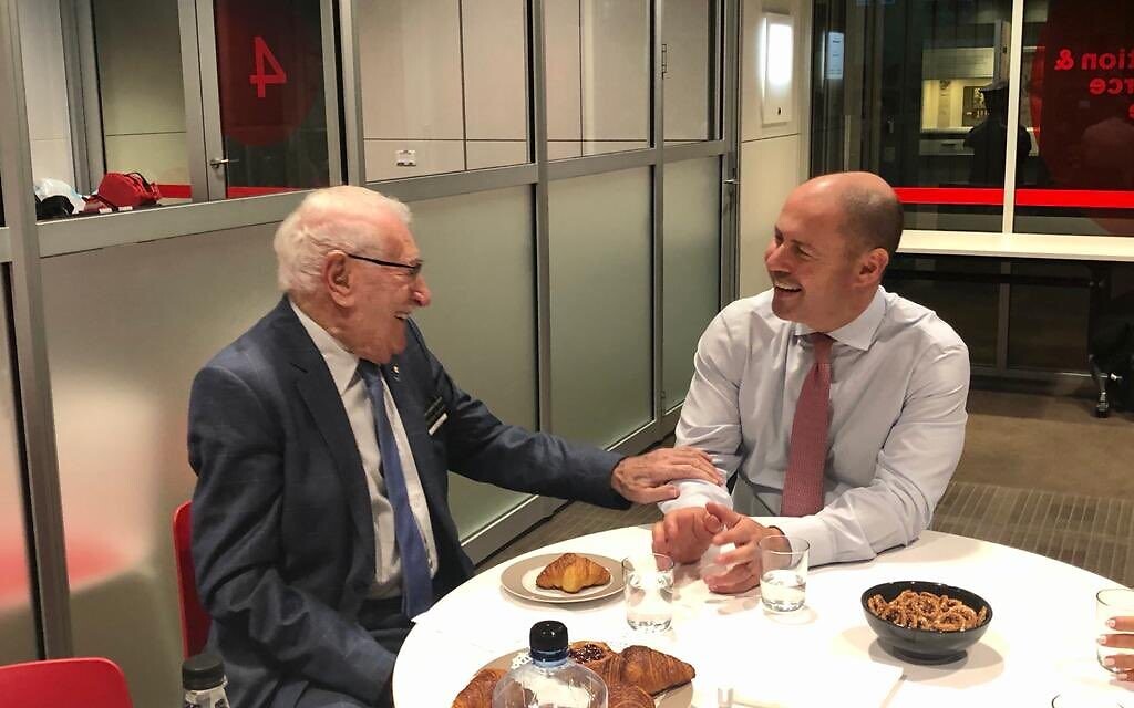 Eddie Jaku with treasurer Josh Frydenberg (Credit: Josh Frydenberg on Twitter)