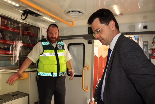 James Brokenshire in a Hatzola ambulance