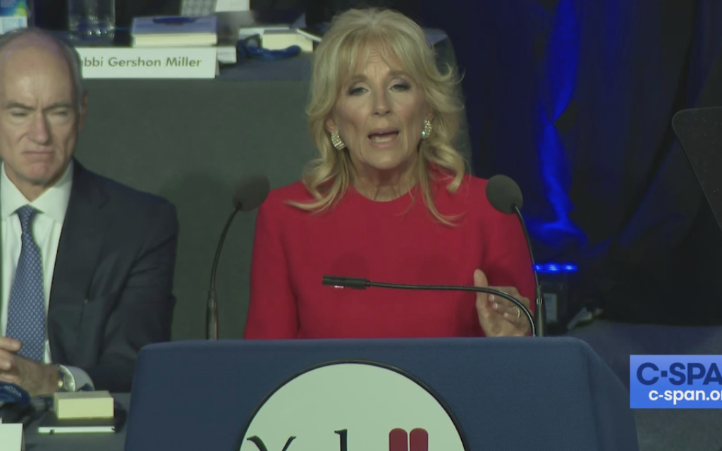 First Lady Jill Biden speaks at the Yeshiva Beth Yehudah fundraiser dinner in Detroit, Oct. 24, 2021. (Screenshot from C-Span)