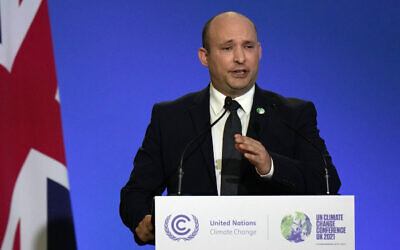 Israel's Prime Minister Naftali Bennett speaking during the Cop26 summit at the Scottish Event Campus (SEC) in Glasgow. Picture date: Monday November 1, 2021.