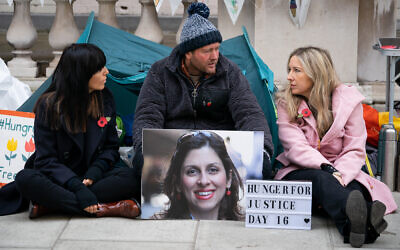 Claudia Winkleman and Victoria Coren Mitchell as they meet and talk to Richard Ratcliffe, the husband of Iranian detainee Nazanin Zaghari-Ratcliffe, outside the Foreign Office in London, during his continued hunger strike following his wife losing her latest appeal in Iran.