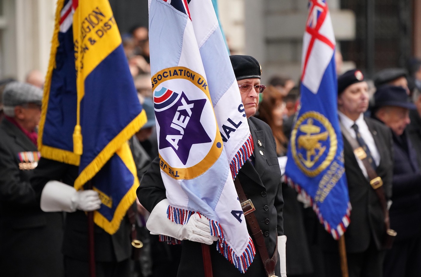 Standard-bearers during the annual Association of Jewish Ex-Servicemen and Women parade at the Cenotaph in Whitehall, London. Picture date: Sunday November 21, 2021.