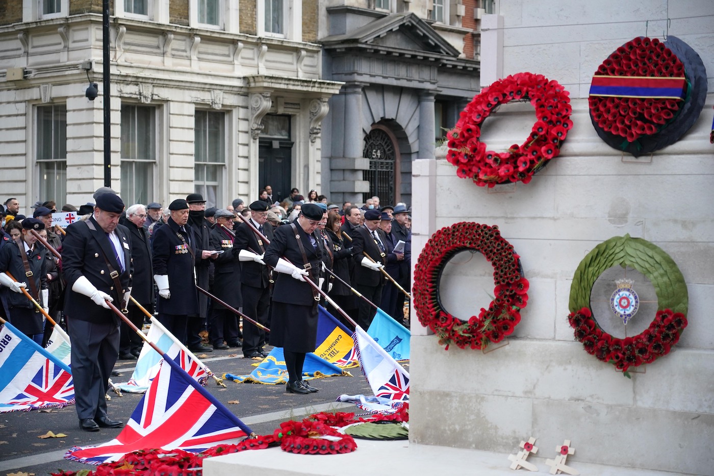 Standard-bearers during the annual Association of Jewish Ex-Servicemen and Women parade at the Cenotaph in Whitehall, London. Picture date: Sunday November 21, 2021.