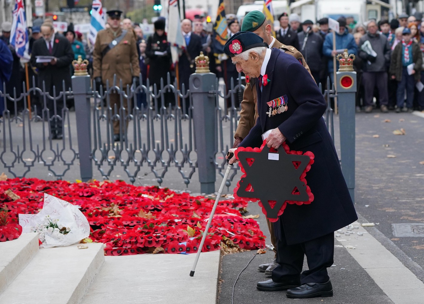 Arthur Lawson lays a wreath during the annual Association of Jewish Ex-Servicemen and Women parade at the Cenotaph in Whitehall, London. Picture date: Sunday November 21, 2021.