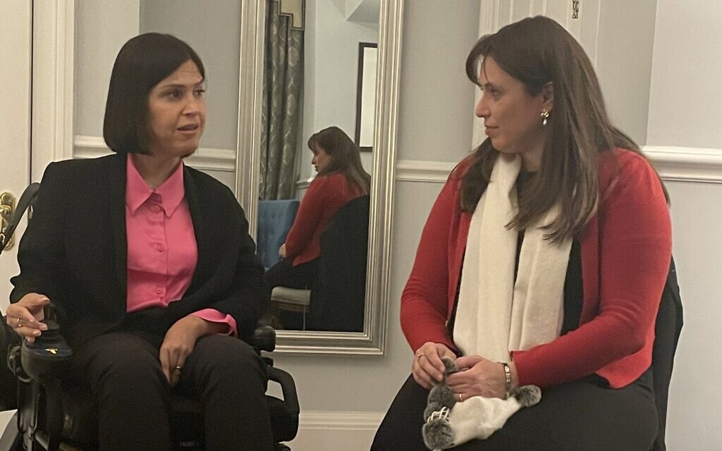 Karine Elharrar speaking to Israel's ambassador to the United Kingdom, Tzipi Hotovely