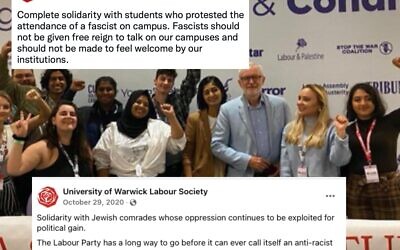 Social media posts by Warwick Labour group, against the background of a picture featuring Sultana and Corbyn