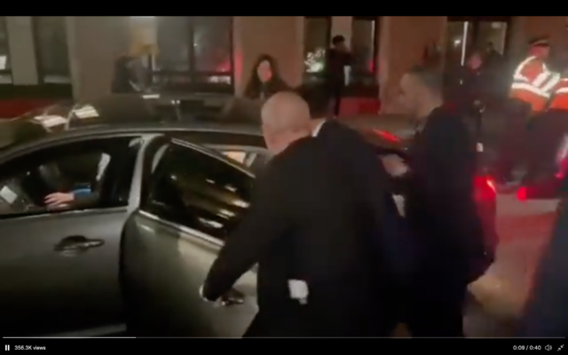 Tzipi Hotovely being bundled into a car and driven away from LSE event as protesters swarm car 2021 Screenshot Twitter)