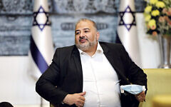 2F782TT Jerusalem, Israel. 05th Apr, 2021. Israeli Arab politician, leader of the United Arab list, Mansour Abbas attend consultation with the Israeli President Reuven Rivlin on who might form the next coalition government, at the President's residence in Jerusalem on Monday, April 5, 2021. Pool Photo by Amir Cohen/UPI Credit: UPI/Alamy Live News 2F782TT Jerusalem, Israel. 05th Apr, 2021. Israeli Arab politician, leader of the United Arab list, Mansour Abbas attend consultation with the Israeli President Reuven Rivlin on who might form the next coalition government, at the President's residence in Jerusalem on Monday, April 5, 2021. Pool Photo by Amir Cohen/UPI Credit: UPI/Alamy Live News