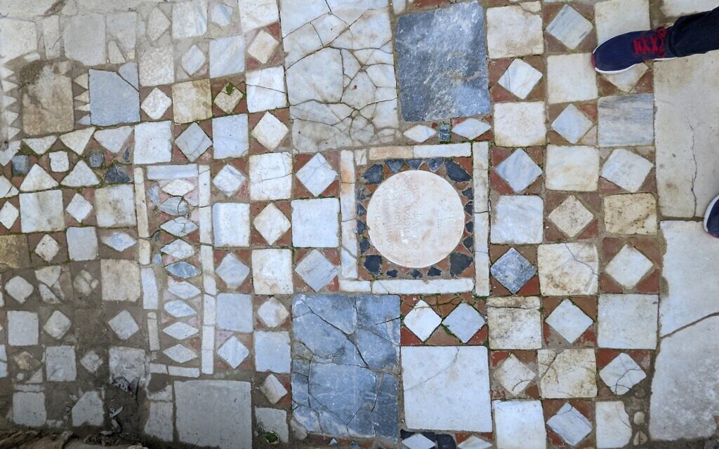 The floor of the synagogue in Side, Turkey, features a plaque with Greek and Hebrew inscriptions. (Jonathan Lansey/https://www.twitter.com/JLansey)