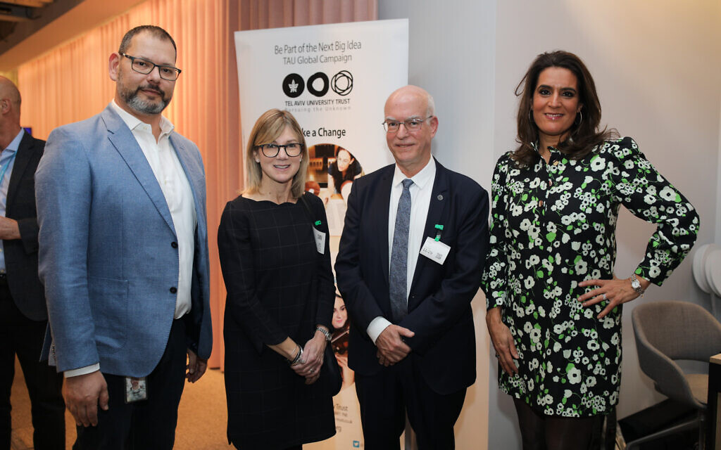 L to R - TAU Trustee and Google host Asaf Anolik, TAU Trust Chief Executive Cara Case, TAU President Professor Ariel Porat, TV Presenter Samantha Simmonds. (photographer: Yoav Picherski)