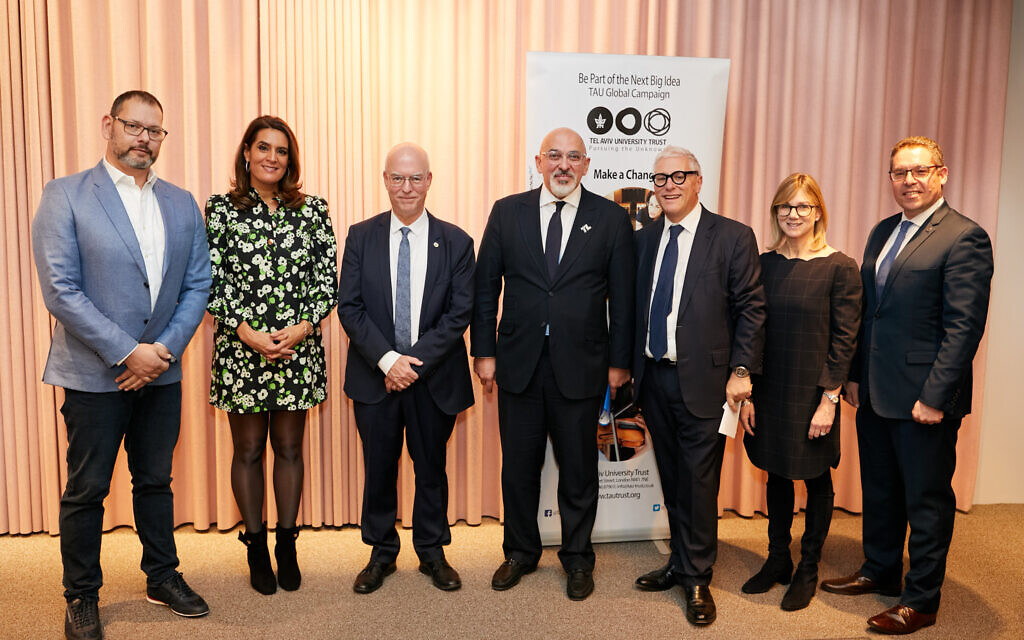 L to R - TAU Trustee Asaf Anolik, TV presenter Samantha Simmonds, TAU President Ariel Porat, Rt Hon Nadhim Zahawi MP, TAU Trust Chair David Meller, TAU Trust Chief Executive Cara Case, TAU VP Amos Elad (photographer: Yoav Picherski)