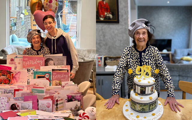 Left: Dov and Lily with some of the 2,500 cards. Right: Lily with her birthday cake celebrating 98!