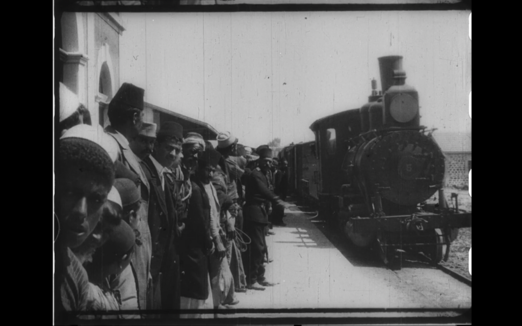 Footage from the Lumière brothers, capturing a train pulling into Jaffa station in 1896, is accessible on the Israel Film Archive website. (Screenshot via Israel Film Archive)