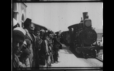 Footage from the Lumière brothers, capturing a train pulling into Jaffa station in 1896, is accessible on the Israel Film Archive website. (Screenshot via Israel Film Archive)