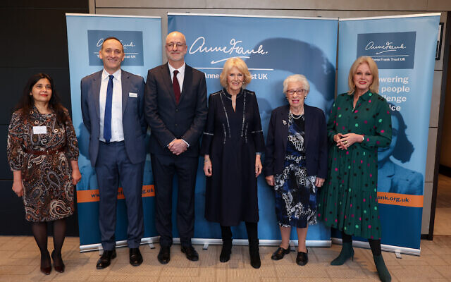 (left to right) Farina Mannan Head of the Lunch committee, Daniel Mendoza OBE, Tim Robertson Chief Executive of the Anne Frank Trust, the Duchess of Cornwall, Eva Schloss MBE step-sister of Anne Frank and Honorary President of the Anne Frank Trust UK and Dame Joanna Lumley during a reception for the Anne Frank Trust at the InterContinental London, Park Lane, London. Picture date: Thursday January 20, 2022.