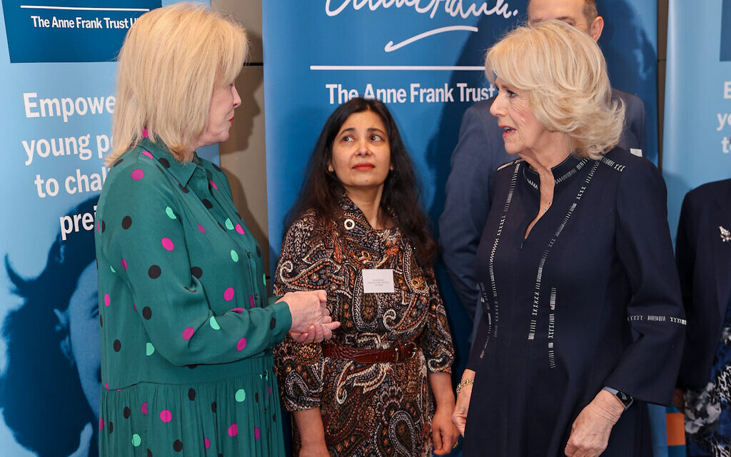 The Duchess of Cornwall (right) speaks to Dame Joanna Lumley (left) and Farina Mannan Head of the Lunch committee during a reception for the Anne Frank Trust at the InterContinental London, Park Lane, London. Picture date: Thursday January 20, 2022.