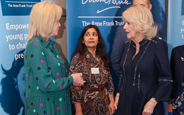 The Duchess of Cornwall (right) speaks to Dame Joanna Lumley (left) and Farina Mannan Head of the Lunch committee during a reception for the Anne Frank Trust at the InterContinental London, Park Lane, London. Picture date: Thursday January 20, 2022.