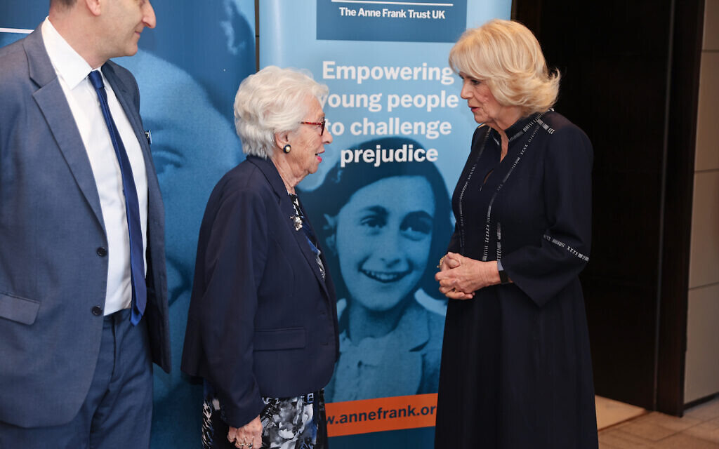 The Duchess of Cornwall (right) speaks to Eva Schloss MBE, step-sister of Anne Frank and Honorary President of the Anne Frank Trust UK during a reception for the Anne Frank Trust at the InterContinental London, in January.