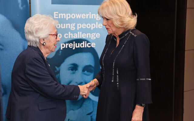 The Duchess of Cornwall (right) speaks to Eva Schloss MBE, step-sister of Anne Frank and Honorary President of the Anne Frank Trust UK during a reception for the Anne Frank Trust at the InterContinental London, Park Lane, London. Picture date: Thursday January 20, 2022.